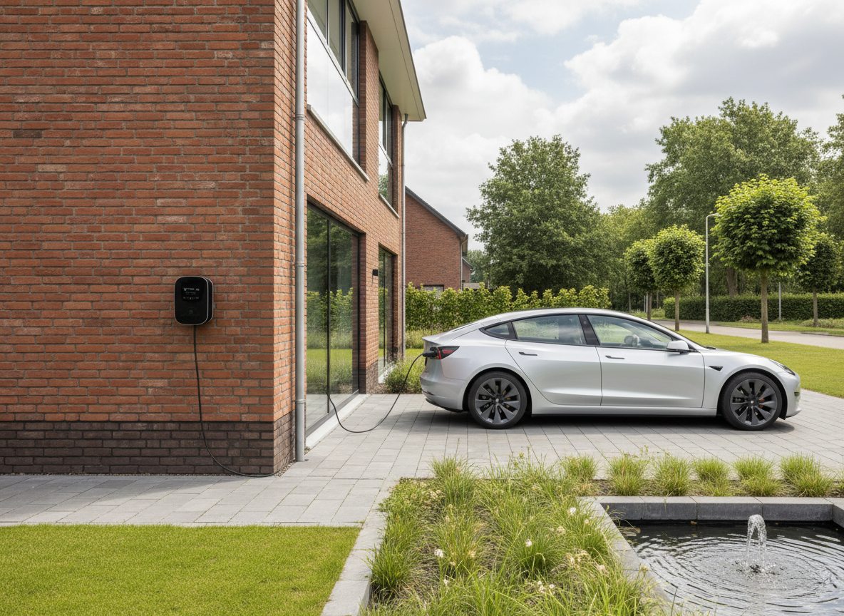 laadpaal installatie bij bakstenen woning in Flandre