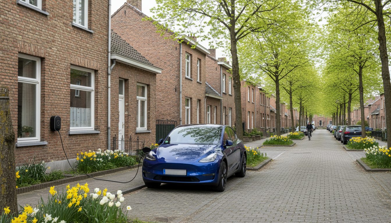 Straatbeeld met laadpaal op woning in Flandre
